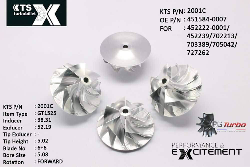 Turbo ROUE FORGÉE MFS PERFORMANCE - 6+6 PALES - INDUCER : 38,31 - EXDUCER : 52,19 - TYPE : GT15-25ANGLE : 55° - ROTATION : Forward - SUPER BACK : 2,39 - BORE SIZE : 5,08
